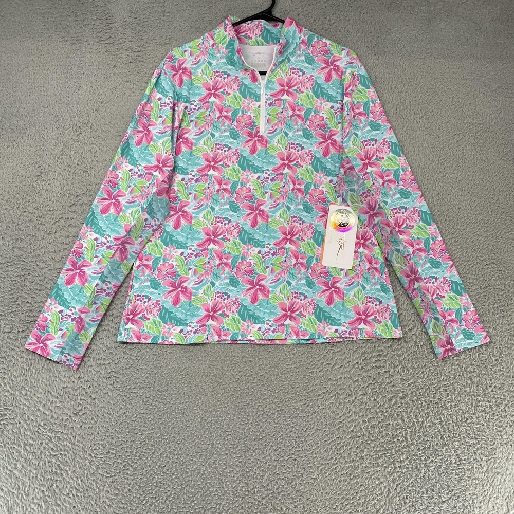 Gottex Golf Tennis Shirt Womens XL Pink Lily Floral 1/4 Zip Cooling Top